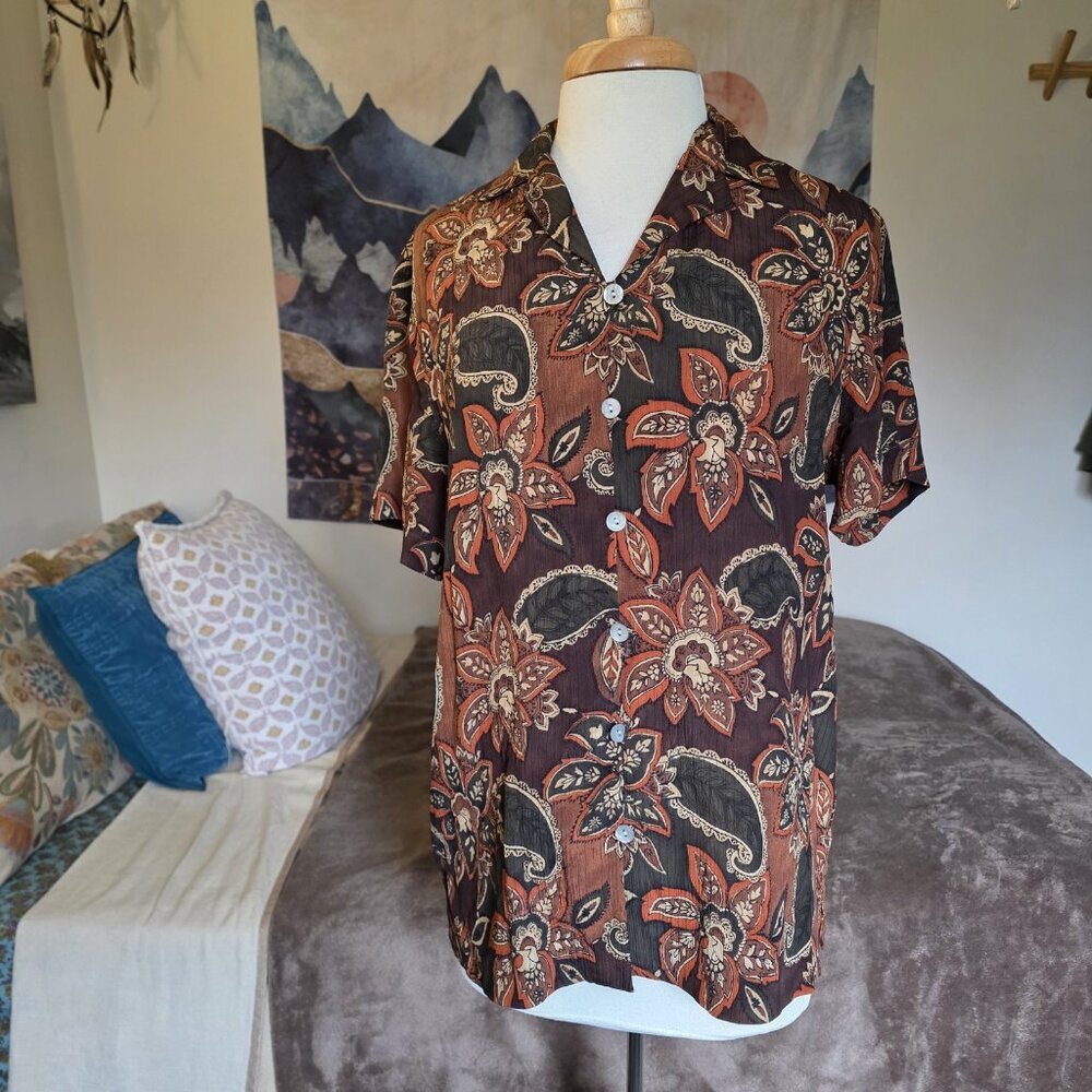 Amanda Smith Petite 100% Silk Blouse Paisley Brown Boho Earthy Coastal Grandma - Picture 2 of 14